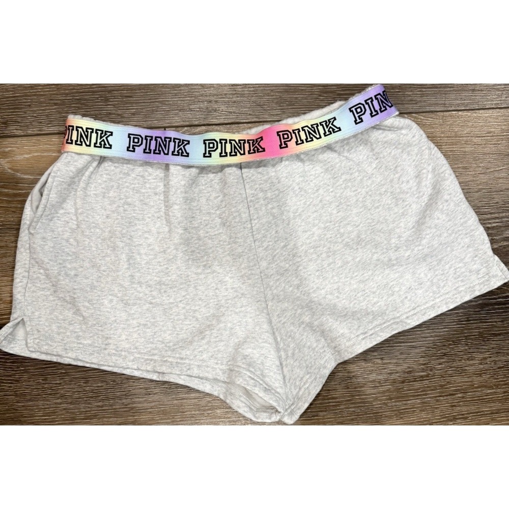 PINK Victoria's Secret Women's Gray Fleece Sweat Shorts Logo Waistband Pockets L